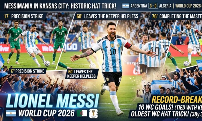 Lionel Messi celebrating his historic World Cup 2026 hat trick against Algeria in Kansas City.