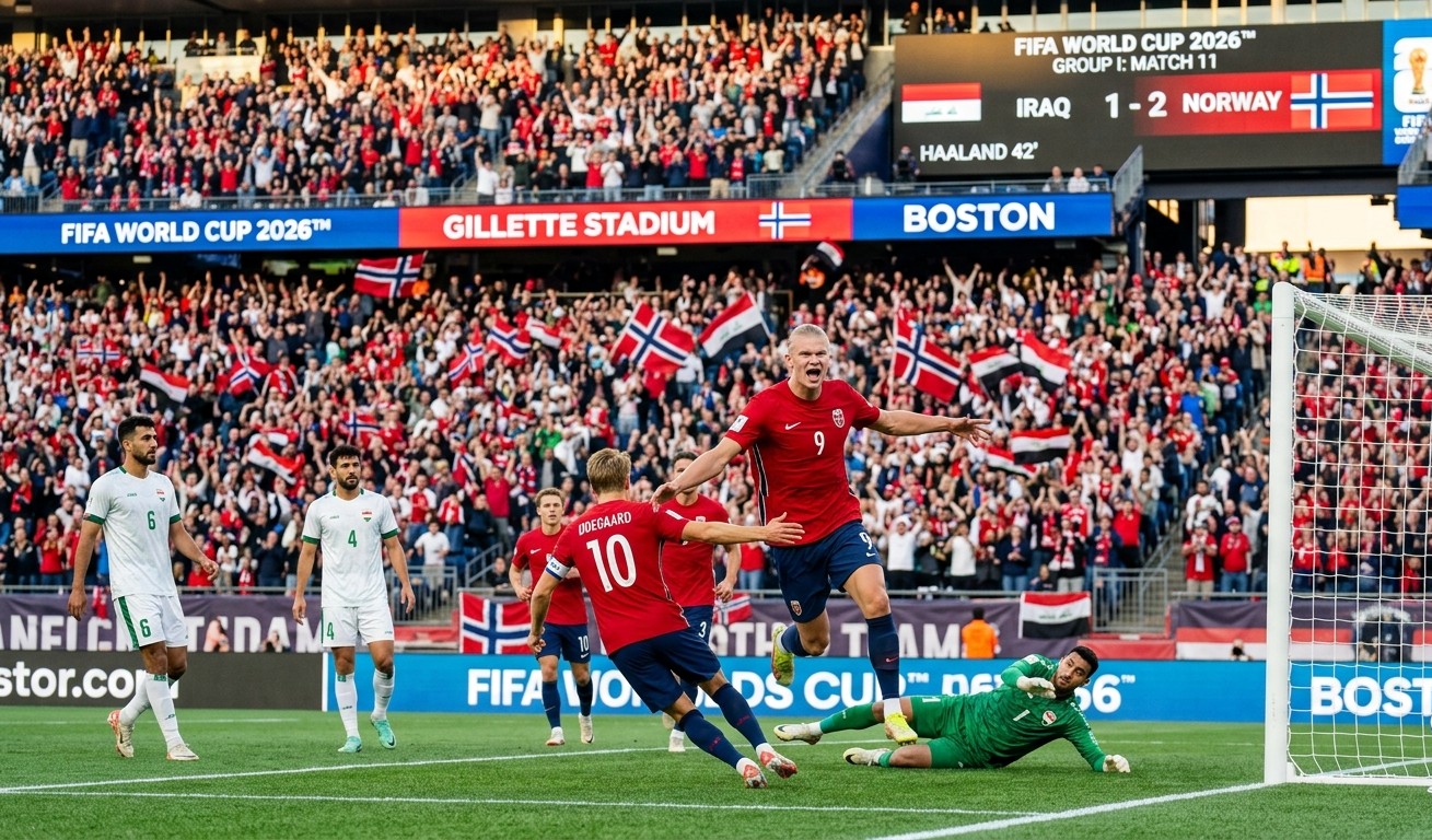 Erling Haaland Goal Celebration vs Iraq 2026 World Cup Erling Haaland celebrating his goal for Norway against Iraq at the 2026 World Cup in Boston.