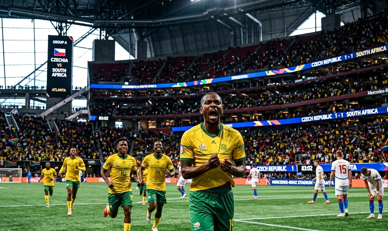 Teboho Mokoena Emotional Goal Celebration — Czech Republic vs South Africa World Cup 2026 Teboho Mokoena celebrating the equalizing goal for South Africa against Czech Republic at the Mercedes-Benz Stadium during the World Cup 2026.