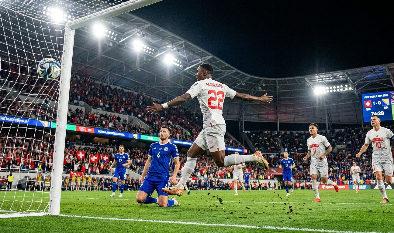 Switzerland vs Bosnia 2026 World Cup Johan Manzambi Goal Celebration Johan Manzambi of Switzerland celebrating after scoring a volley against Bosnia and Herzegovina during the 2026 World Cup match in Los Angeles.