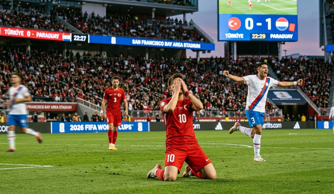 Türkiye vs Paraguay 2026 World Cup Match Drama A Turkish football player on his knees covering his face in despair while a Paraguayan player celebrates a 1-0 victory in the background at the San Francisco Bay Area Stadium during the 2026 World Cup.