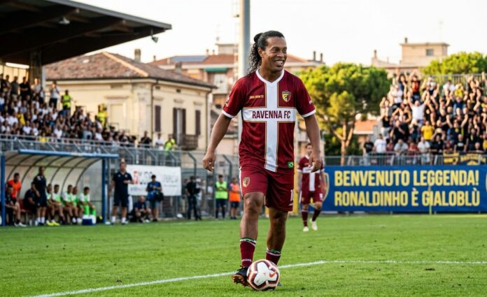 Ronaldinho Unveiled at Ravenna FC legend Ronaldinho, at 46, smiling broadly and controlling a soccer ball on the pitch during a promotional appearance for Italian club Ravenna FC. He wears a dark red and yellow custom kit with 'Ravenna FC' text, surrounded by a cheering crowd and a large banner that reads, 'BENVENUTO LEGGENDA! RONALDINHO È GIALLOBLÙ' (Welcome Legend! Ronaldinho is Yellow-Blue).