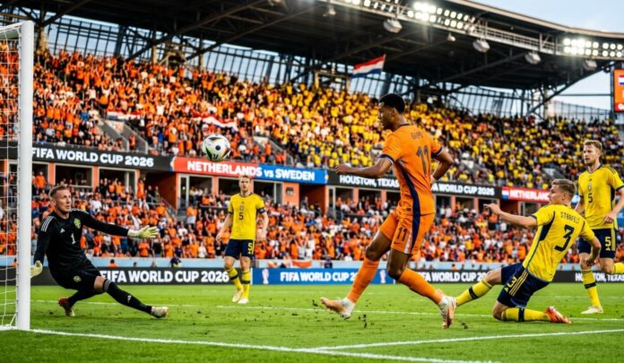 The Netherlands Downs Sweden 4-0 Netherlands forward takes a close shot on the Sweden goal.