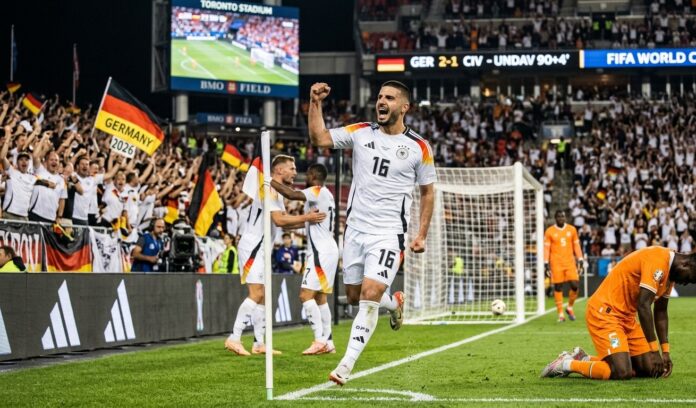 Deniz Undav of Germany celebrates his late winning goal against Côte d'Ivoire at Toronto Stadium during the FIFA World Cup 2026.