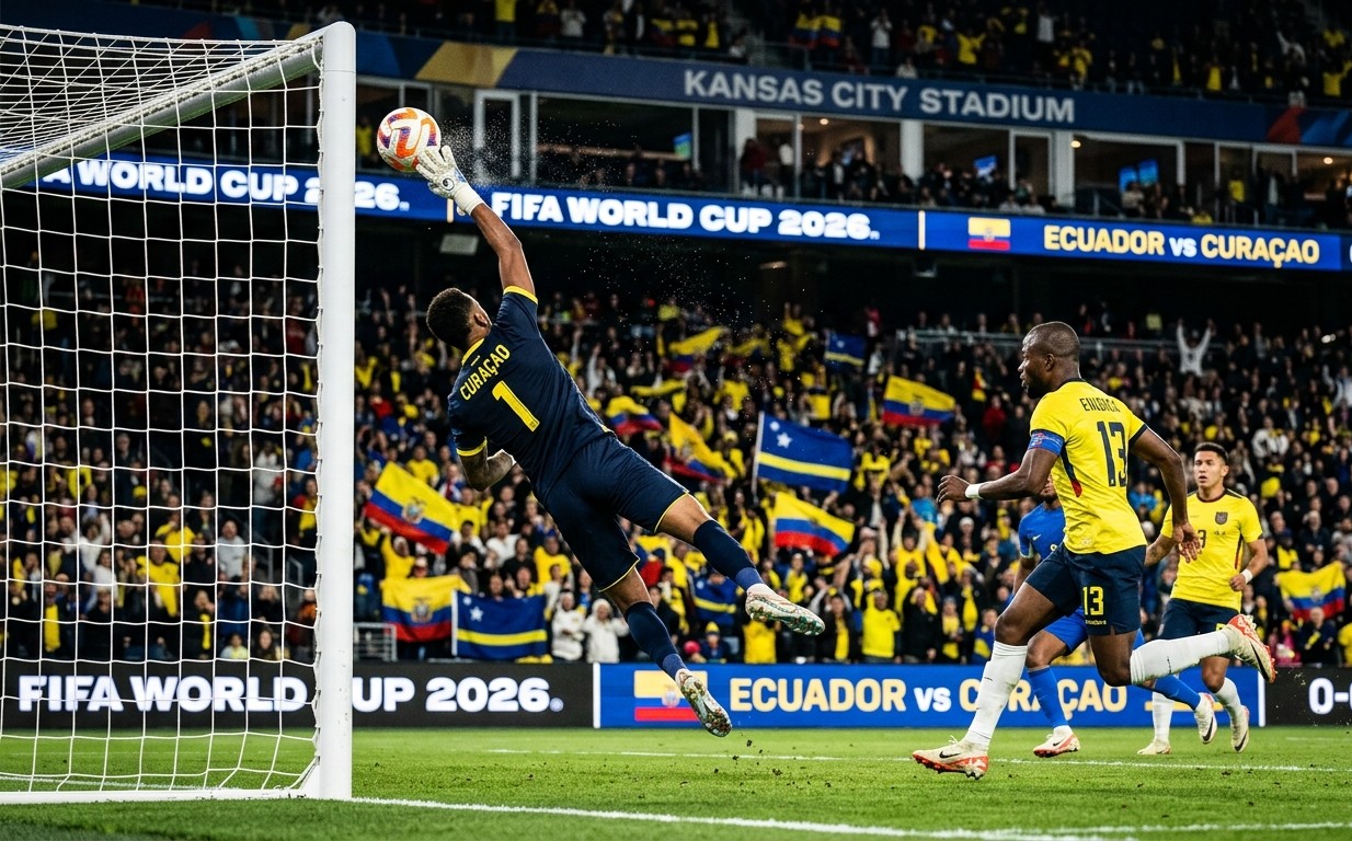 Eloy Room's Record-Breaking Save in World Cup Draw vs. Ecuador Curaçao goalkeeper Eloy Room (navy kit #1) at full stretch, catching a powerful shot. His gloved hands grip the World Cup ball just below the crossbar. In the foreground and background, Ecuador player Enner Valencia (yellow kit #13) and a packed, flag-filled stadium watch the save.