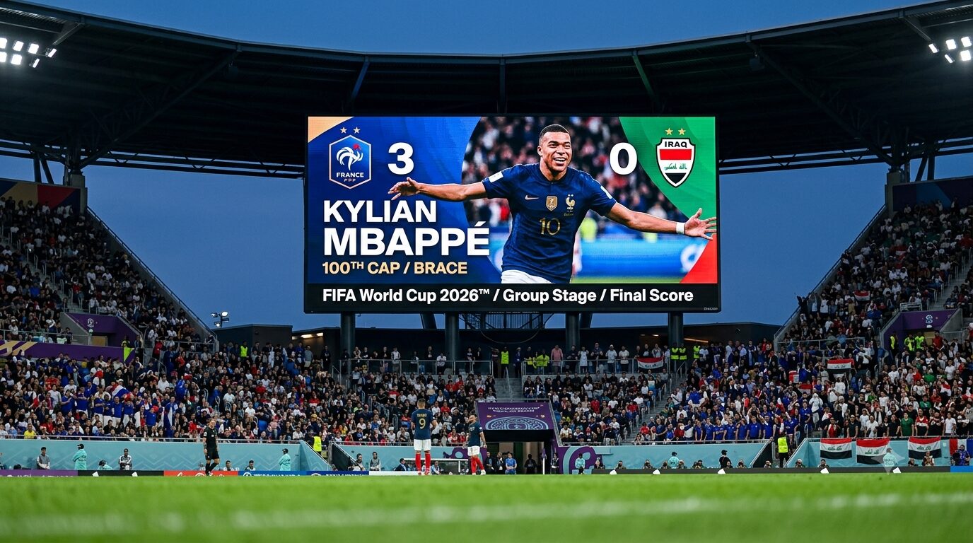 France vs Iraq World Cup 2026 Highlights: Mbappé's Brilliance in a Stormy Match A stadium jumbotron screen showing dynamic graphics for the France vs. Iraq World Cup 2026 match. The screen displays the final score of 3-0, featuring a portrait of Kylian Mbappé in his blue kit, alongside text celebrating his two goals and his 100th international appearance. The lower section includes a subtext line detailing the severe 130-minute storm delay, set against the background of the pitch and a packed, low-light stadium crowd.