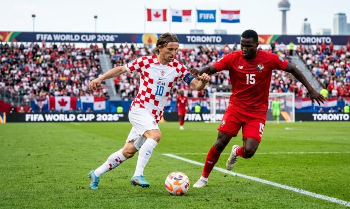 Panama vs Croatia World Cup 2026 Highlights Luka Modric Action Luka Modric of Croatia dribbles the ball past a Panama defender during the FIFA World Cup 2026 match at Toronto Stadium.