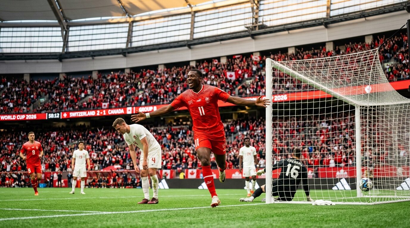 Switzerland vs Canada World Cup 2026 Match Goal Celebration Johan Manzambi of Switzerland celebrates scoring a goal against Canada at BC Place during the World Cup 2026 match.
