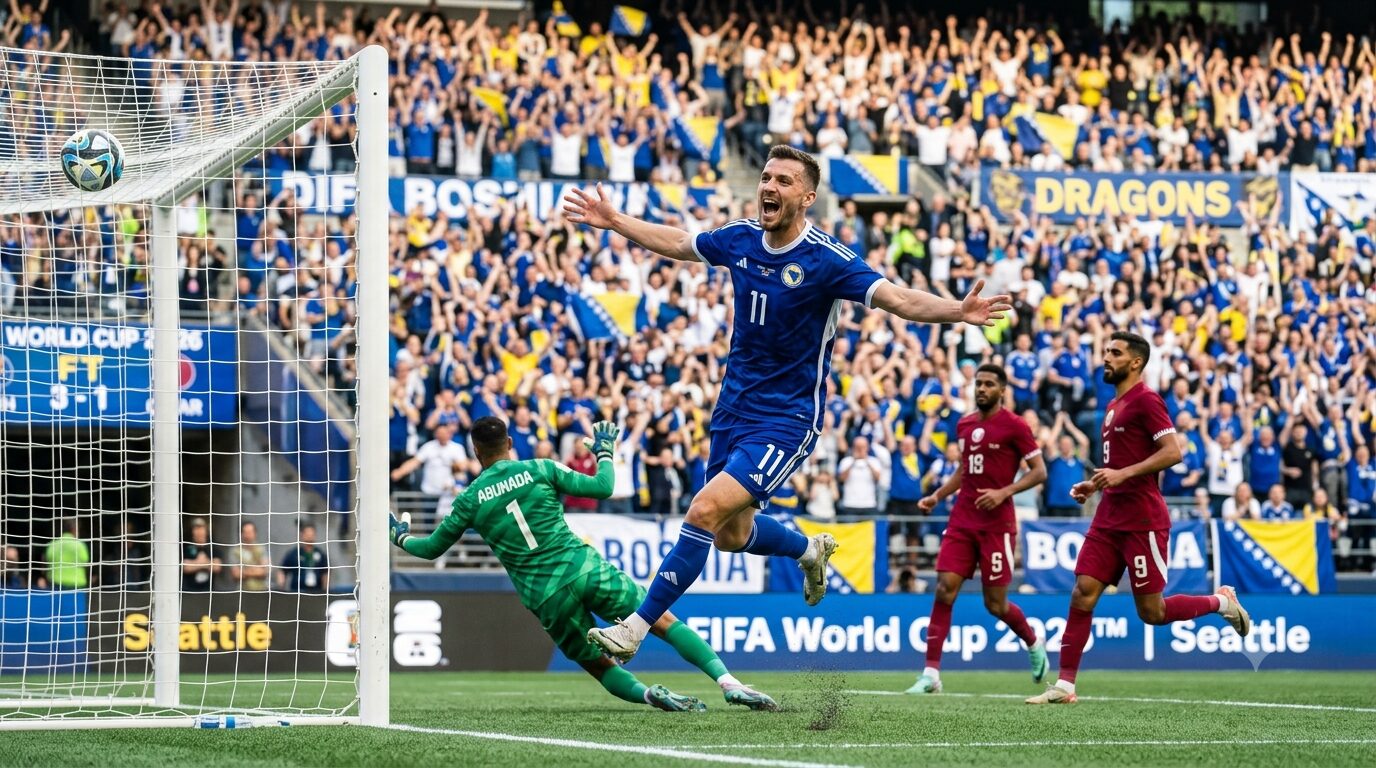 Bosnia and Herzegovina vs Qatar World Cup Match Celebration Ermin Mahmić of Bosnia and Herzegovina celebrates scoring a goal past Qatari goalkeeper Mahmud Abunada during the World Cup match in Seattle.