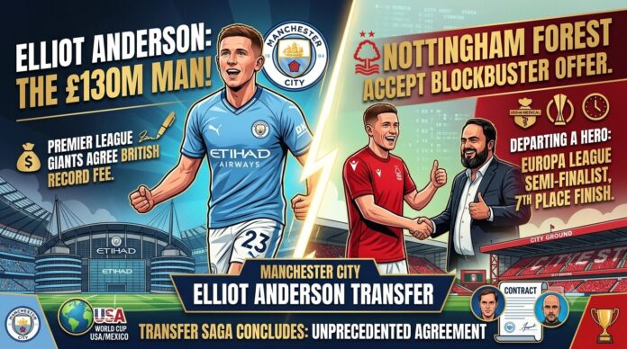 Manchester City Elliot Anderson Transfer Blockbuster Agreement Graphic Sports transfer infographic detailing the Manchester City Elliot Anderson transfer with a record 130 million pound fee from Nottingham Forest.