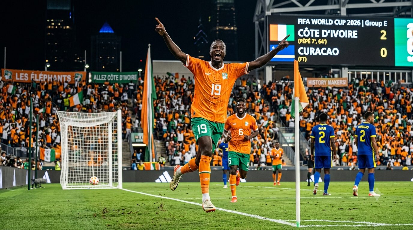 Ivory Coast vs Curacao 2026 World Cup Highlights Nicolas Pepe Celebration Nicolas Pépé of Ivory Coast celebrating his historic brace against Curacao at the FIFA World Cup 2026 with a stadium scoreboard in the background.
