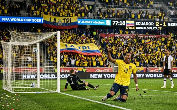 Ecuador vs Germany World Cup 2026 Gonzalo Plata Comeback Goal Celebration Gonzalo Plata of Ecuador sliding on his knees and celebrating his 77th-minute winning goal against Germany at the FIFA World Cup 2026.