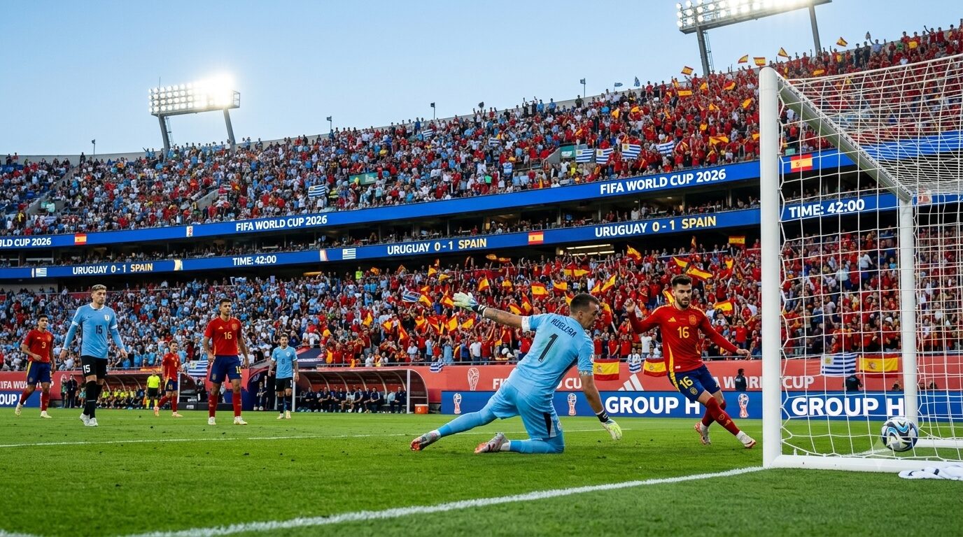 Alex Baena Goal vs Uruguay World Cup Match 2026 Álex Baena scoring the winning goal for Spain past Uruguay goalkeeper Fernando Muslera in the Uruguay vs Spain World Cup match 2026.