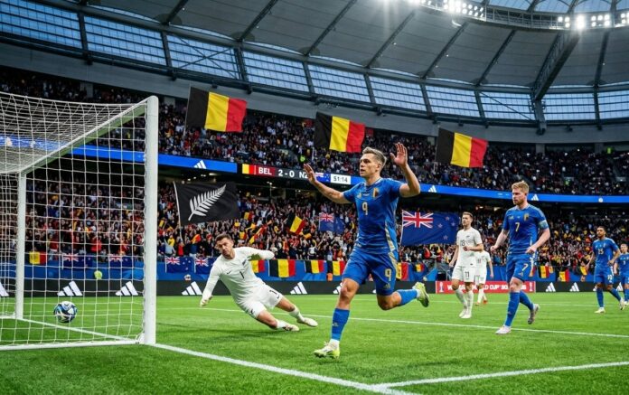 Leandro Trossard Goal Celebration New Zealand vs Belgium World Cup 2026 Leandro Trossard celebrating his goal for Belgium against New Zealand goalkeeper Max Crocombe during the New Zealand vs Belgium World Cup 2026 match.
