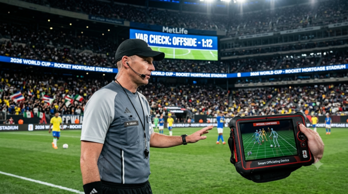 The AI sports officiating future is here: Modern match officials now rely on real-time data to ensure total precision on the pitch A professional referee at the 2026 World Cup using a handheld smart device to analyze an AI-tracked offside decision on the field