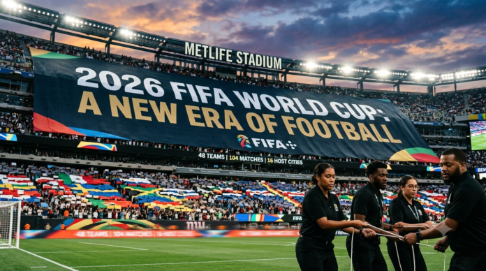Banner at MetLife Stadium announcing the 2026 FIFA World Cup as a new era of football