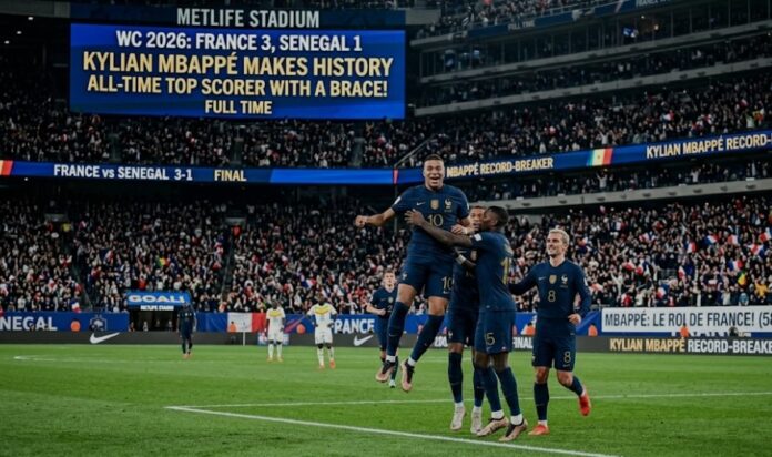 Kylian Mbappé celebrates with French teammates at MetLife Stadium after scoring a brace against Senegal in the 2026 World Cup.