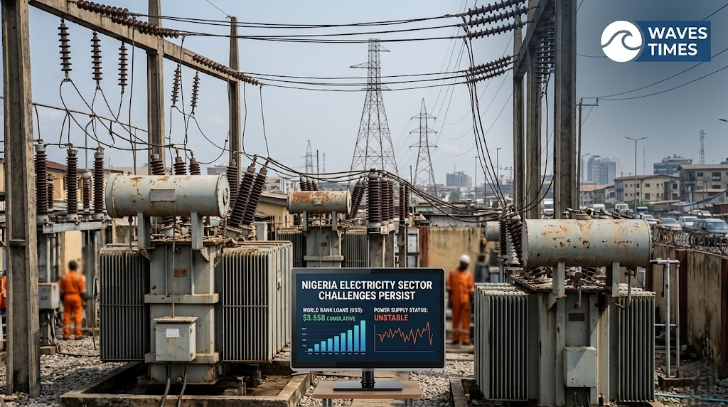nigeria-electricity-sector-challenges-persist An industrial electricity transformer substation with digital overlay graphics highlighting why Nigeria electricity sector challenges persist