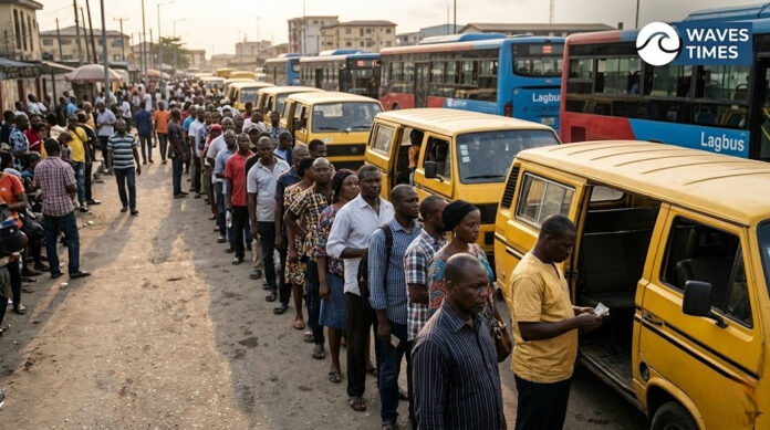Lagos yellow taxi drivers discussing rising operational costs near a petrol station entrance, illustrating Nigeria's new fuel price impact