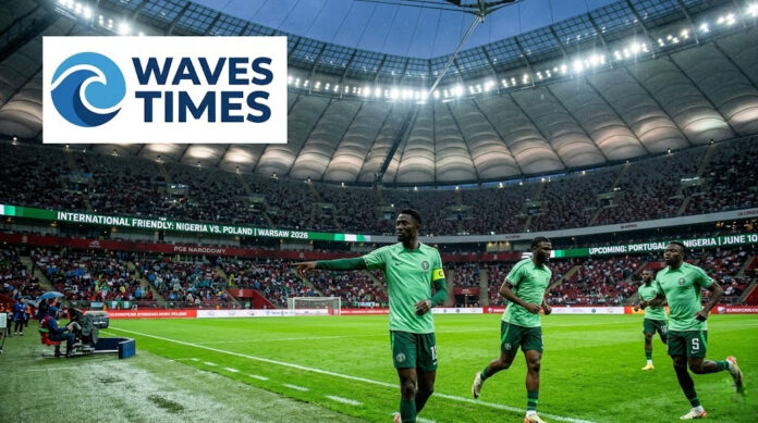 A dynamic visual of Nigerian national team players training ahead of international fixtures, featuring the Waves Times logo