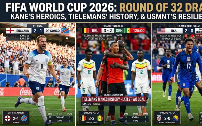 FIFA World Cup 2026 Round of 32 Drama: Kane, Tielemans, & USMNT Resilience England vs DR Congo, Belgium vs Senegal, and USA vs Bosnia & Herzegovina. The top headline reads 'FIFA WORLD CUP 2026: ROUND OF 32 DRAMA'. The preserved section, now shifted to the left, includes all player photos (Kane, Belgian/Senegalese players, USA player), scorelines (ENG 2-1 DRC, BEL 3-2 SEN (AET), USA 2-0 BOS), logos, player names (Kane, Tielemans, Tillman),