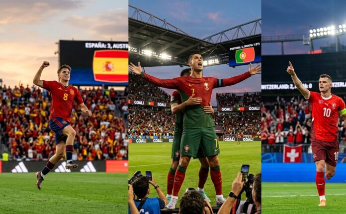 FIFA World Cup 2026: Round of 32 Victories for Spain, Portugal, and Switzerland A triptych sports photograph showing a Spanish player celebrating (3-0 over Austria), Cristiano Ronaldo for Portugal (2-1 over Croatia), and a Swiss player celebrating (2-0 over Algeria) on the pitch. Each panel captures dramatic moments and stadium scoreboards from the World Cup knockout stage.