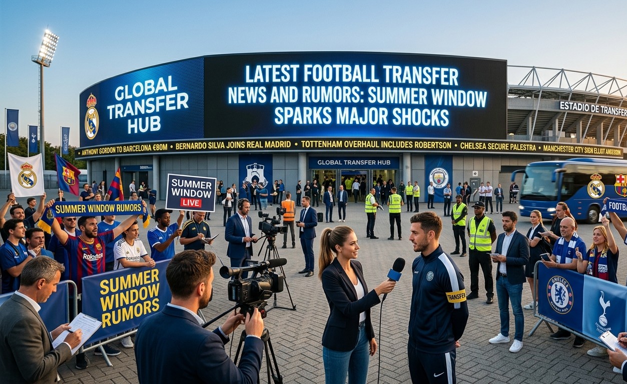 1783171504977~2 A panoramic photograph of a bustling 'Global Transfer Hub' outside a modern football stadium. A giant LED screen displays news of the summer transfer window. In the foreground, there are TV news crews, journalists, and excited fans holding club flags and signs reading 'SUMMER WINDOW RUMORS.'