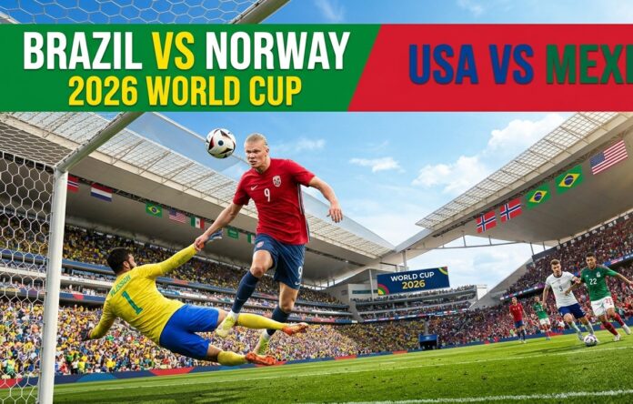 1783377370144~2 An action-packed 16:9 featured image graphic for the 2026 World Cup. The top banner, split into two, reads "BRAZIL VS NORWAY 2026 WORLD CUP" (left, green background with yellow/white text) and "USA VS MEXICO" (right, red background with blue/green text). The main photo captures intense stadium action. In the foreground, Erling Haaland (Norway #9, in red) is mid-air, heading a football past a diving Brazilian goalkeeper Alisson Becker (in yellow, full name visible on back) near the goalpost. In the background, on a separate part of the pitch, USA and Mexico players (wearing #3 and #22 respectively) duel for the ball. The modern stadium is packed, with flags of all four nations (Norway, Brazil, USA, Mexico) waving. A scoreboard reads "WORLD CUP 2026". The lighting is bright day, captured from a dramatic low angle.