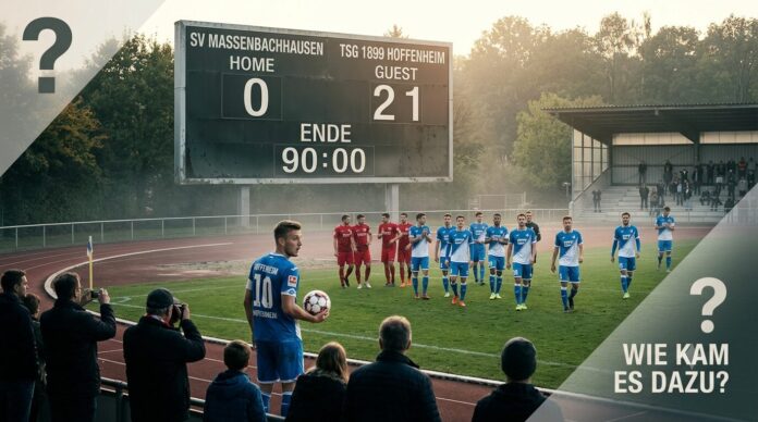 A vintage football scoreboard displaying a 21-0 win for TSG 1899 Hoffenheim over SV Massenbachhausen, surrounded by misty weather, bewildered spectators taking photos, and players on the pitch.