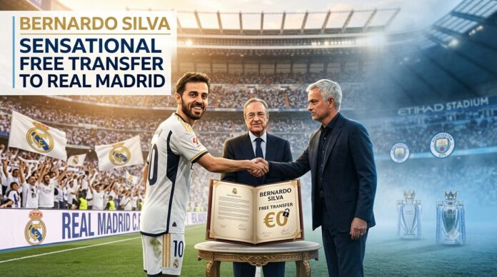 1784997711419 An illustrative graphic showing Bernardo Silva, in a Real Madrid number 10 kit, shaking hands with Real Madrid President Florentino Pérez over an open ceremonial contract that reads "BERNARDO SILVA FREE TRANSFER €0". Cheering Real Madrid fans with flags are in the background on the left, while the right side features a distant Etihad Stadium, Manchester City logos, and Premier League and Champions League trophies, visually contrasting his past and future clubs.