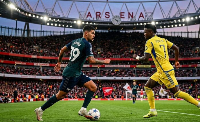 1785092713786~2 A high-quality photo capturing Bruno Guimaraes and Vinicius Junior playing against each other on the pitch at the Emirates Stadium during an Arsenal match.