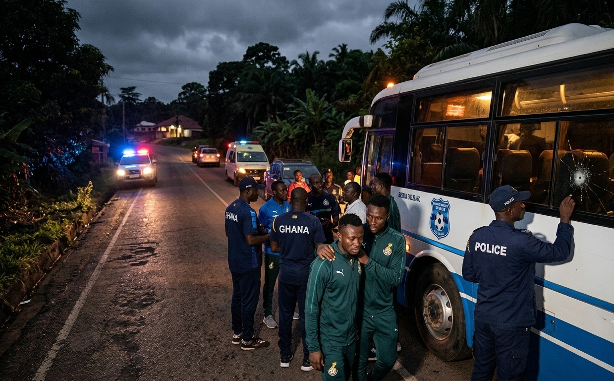 1785183319701~2 A somber scene of the Berekum Chelsea team bus attack showing a bullet hole in a window, a distressed player in a green track suit, and Ghana police on a dark rural road.