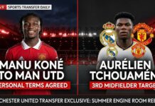 Split-screen transfer infographic featuring Manu Koné in a Manchester United kit on the left and Aurélien Tchouaméni on the right, highlighting Old Trafford's hunt for a third summer midfielder.