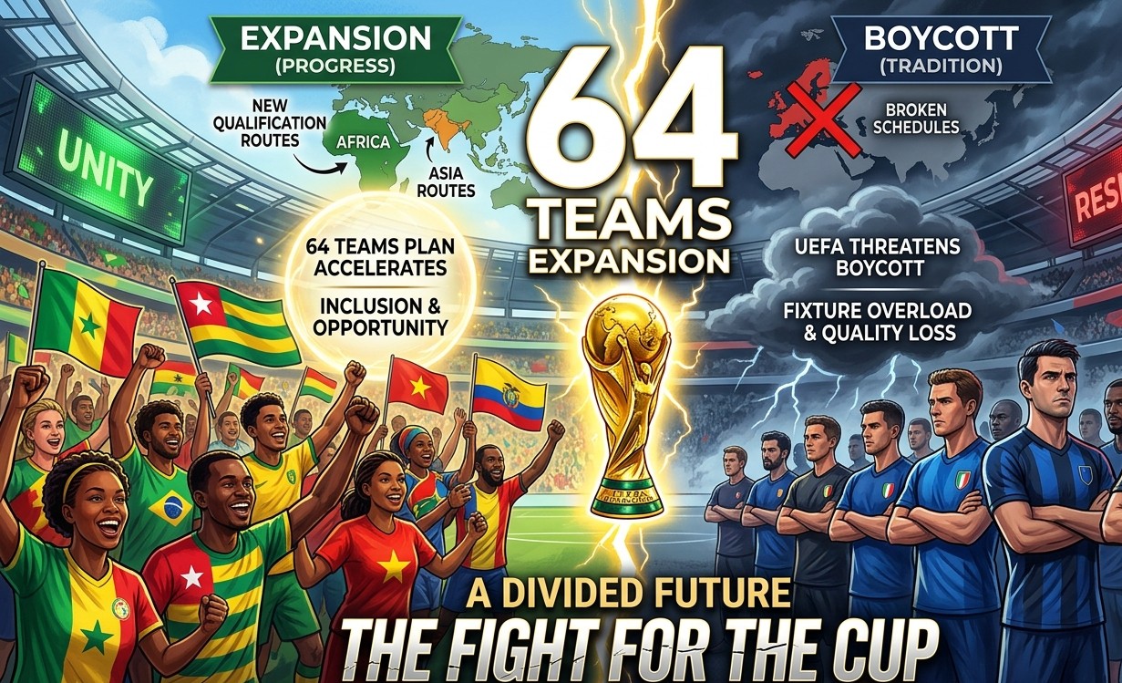1785601132049~2 A dynamic, split-panel illustration depicting the controversy over FIFA's 64-team World Cup expansion. On the left, a celebratory crowd under the words "GLOBAL UNITY" waves flags from many nations, including Togo, Senegal, and Ghana, toward the central gold trophy. The central trophy is surrounded by text reading "64 EXPANSION PLAN" and a world map with 64 highlighted nodes. On the right, serious-looking players in black kits stand behind a "BOYCOTT THREAT" barrier, beneath the UEFA logo and signs that read "TOO MANY GAMES" and "NO 64 TEAMS," all in a dark, atmospheric setting. At the bottom, large gold text declares "A MASSIVE SPLIT."
