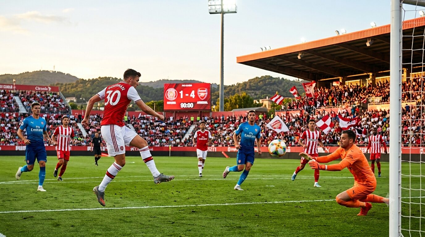 1785702899751 Arsenal forward striking the ball toward the net during a pre-season friendly against Girona at Montilivi Stadium