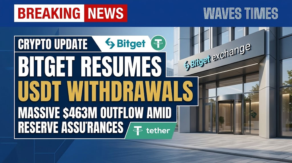 Bitget USDT Withdrawals Resume After 463M Outflow Bitget USDT withdrawals graphic showing $463M outflow and reserve assurances