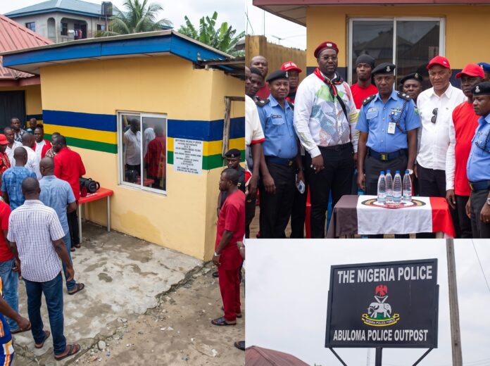 Rivers police DPO cultist scandal unfolds as officers pose alongside individuals in cult-associated regalia outside a renovated police post.