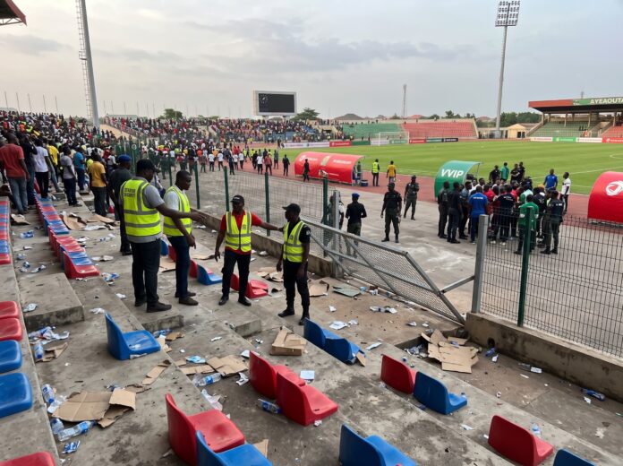 1792429512465 Enugu Rangers petition CAF over stadium damage as seen in the scattered debris and dislodged seating after a match in Abeokuta.