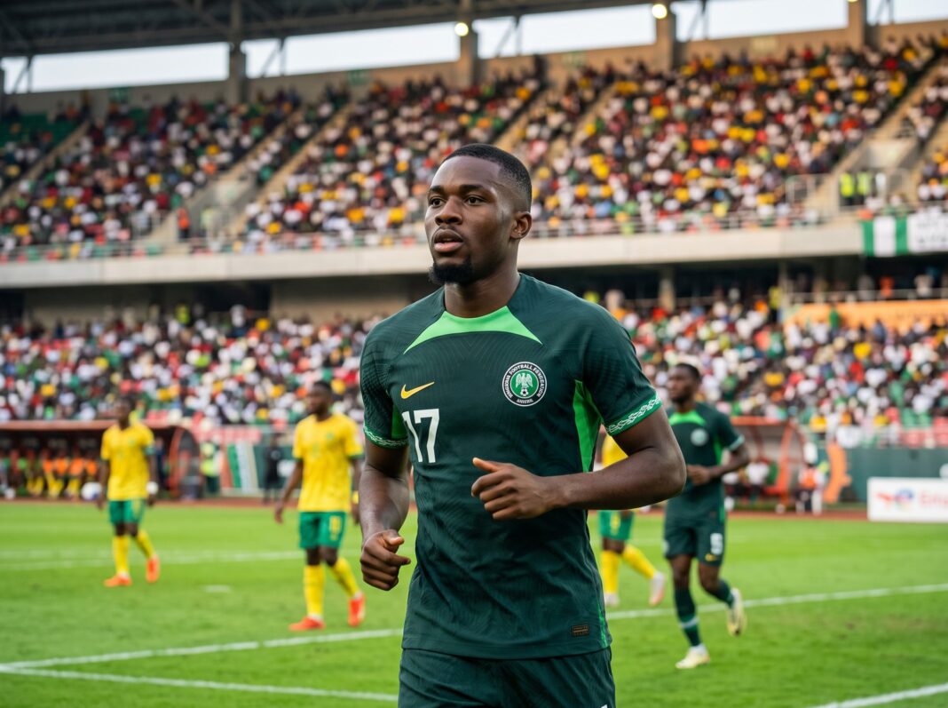 George Ilenikhena chooses Super Eagles as the young forward runs on the pitch in a green Nigeria national team kit during a match.