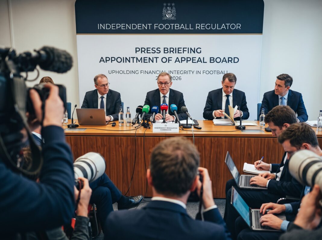 1792516116119 Manchester City 115 charges appeal briefing with Independent Football Regulator officials addressing press cameras and reporters.