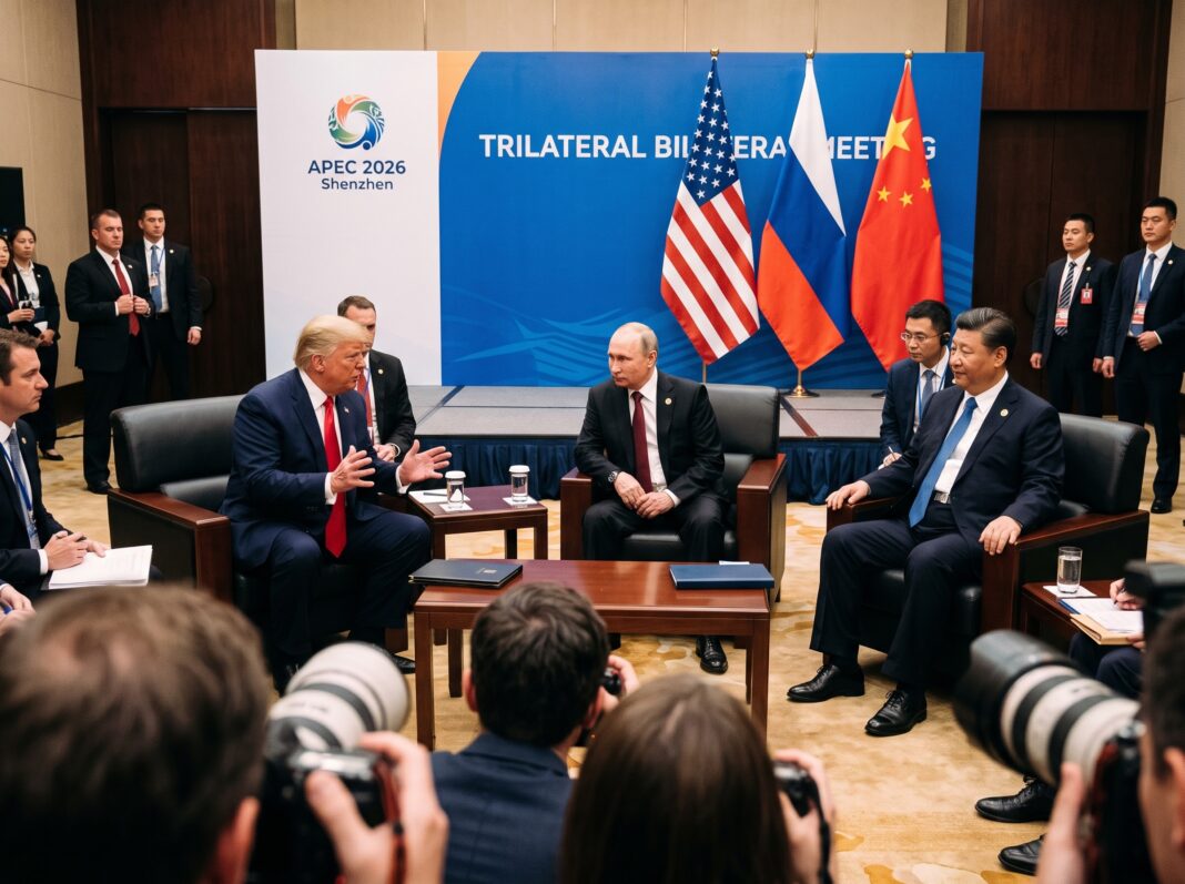 1792518329975 Trump meeting Putin Xi during a high-stakes trilateral summit discussion with national flags displayed in the background.