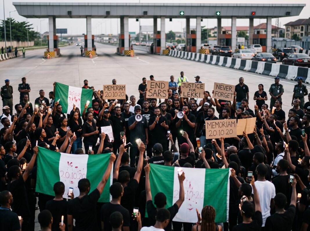 20.10.20 End SARS remembrance rally at Lekki toll gate with youths in black holding signs and blood-stained Nigerian flags.