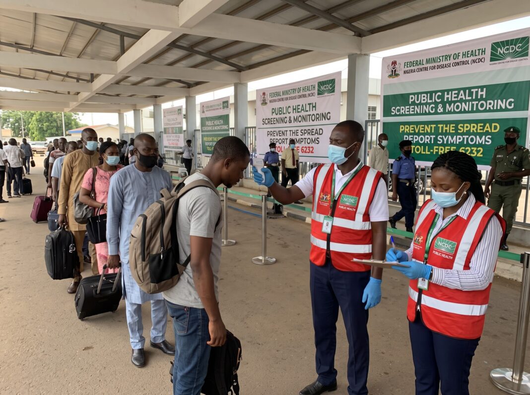 1792612469595 Ebola case in Abuja response as health workers in face masks and red vests screen arriving passengers with infrared thermometers at an airport terminal checkpoint.