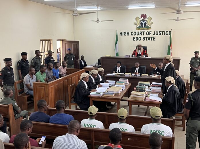 NYSC members abduction trial underway inside the High Court of Justice in Edo State as five suspects sit in the dock.