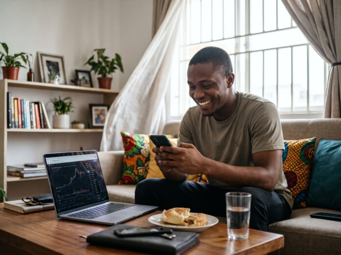 Everyday crypto investor smiling at his phone as Ethereum gas fees drop.