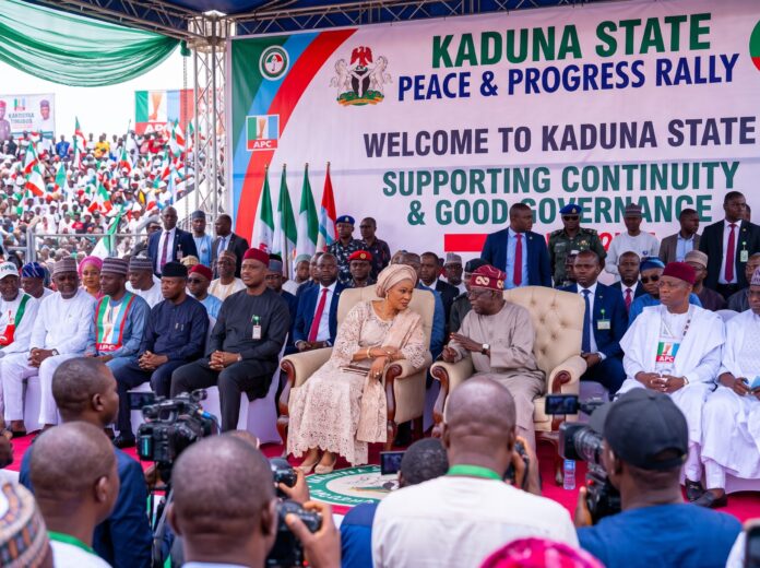 First Lady and President seated together at the Kaduna State Peace and Progress rally amid the recent viral video controversy.