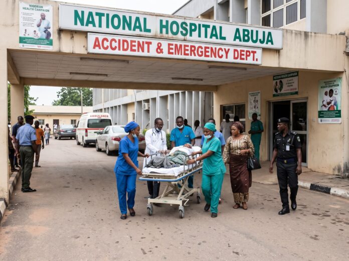 Medical personnel and a police officer wheeling a patient on a stretcher into the National Hospital Abuja following reports of Jaruma hospitalized.