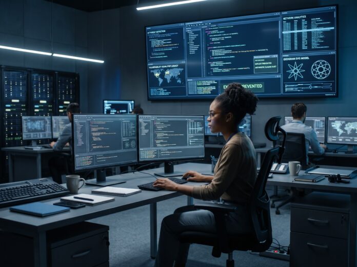 A cybersecurity professional analyzing AI threat detection data and network vulnerabilities in a high-tech operations center.