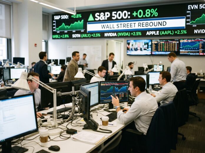 Financial professionals monitor the massive Wall Street rebound S&P 500 recovery on trading floor screens.