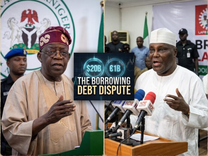A split-screen graphic of President Bola Tinubu and former Vice President Atiku Abubakar speaking, highlighting the Tinubu 20 billion borrowing dispute.